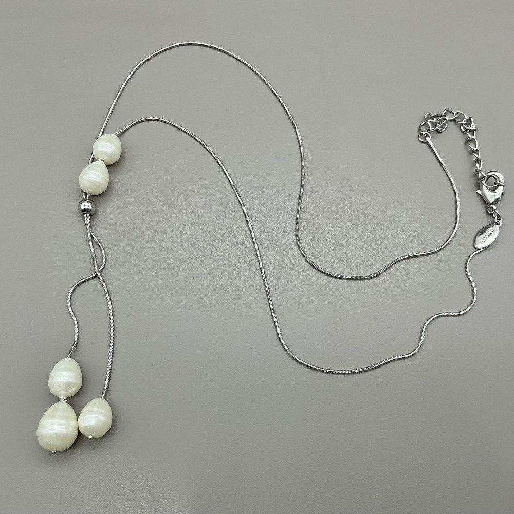 Chicos Necklace Silver Tone‎ White Imitation Pearl Lariat Y-Drop Womens Jewelry - Picture 2 of 7